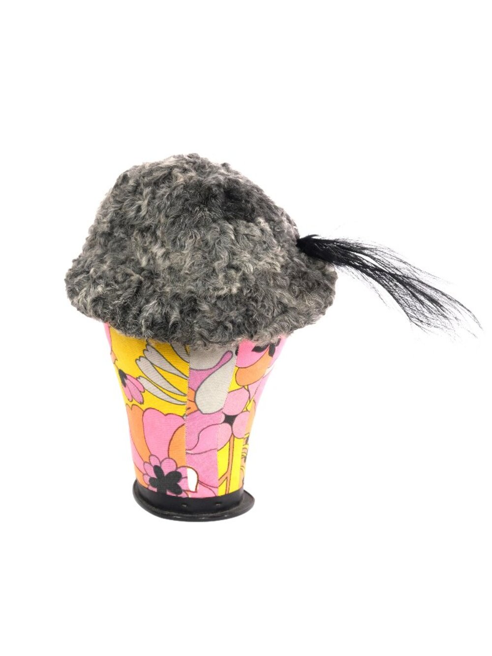 Vintage STEPHANIE Swakara Hat Gray w/ Feather Persian Lamb Winter Cap
